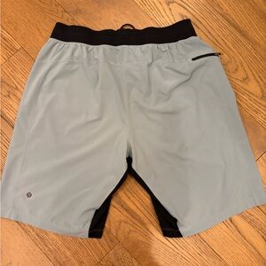 Lululemon Pace Breaker Linerless 9” Light Gray and Black Athletic Shorts